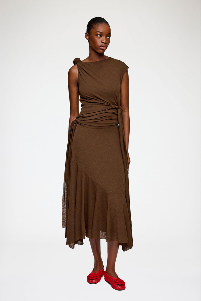 Marl Mesh Draped Knot Detailing Long Dress A1030487 - Demitasse - GANNI