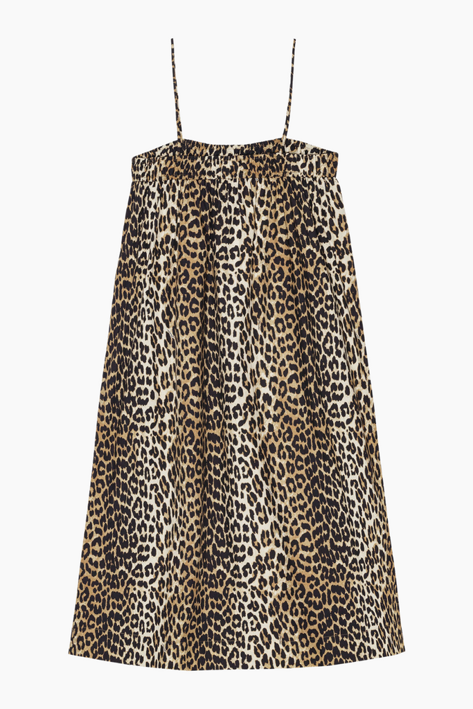 Printed Cotton Midi Strap Dress F9354 - Leopard - GANNI