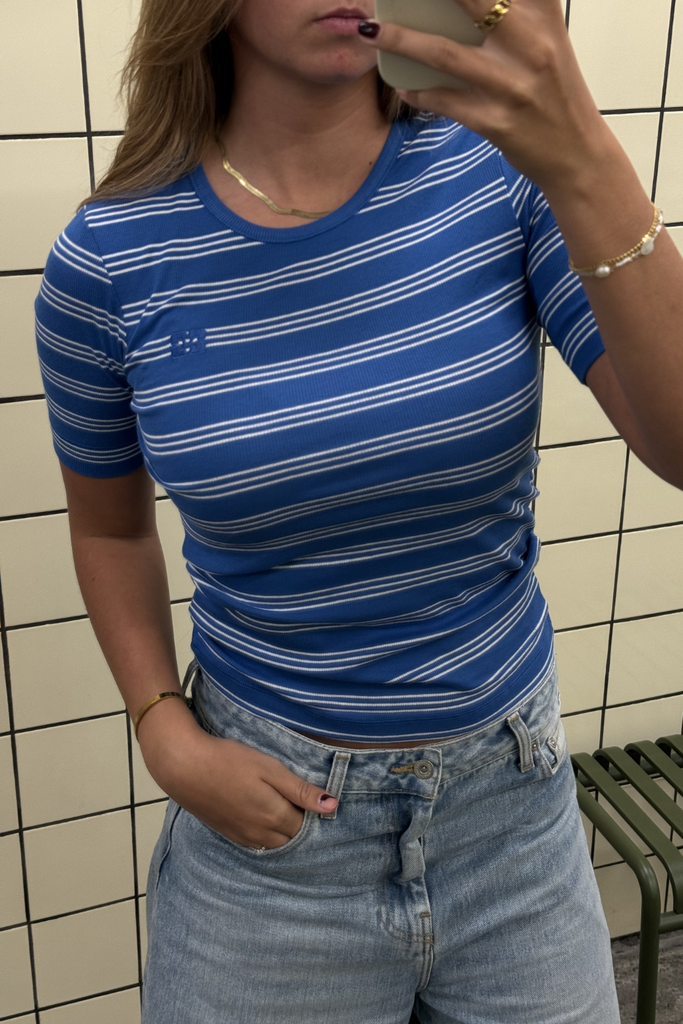 Soft Cotton Rib Stripe Tee A1050256 - Nouvean Navy - GANNI