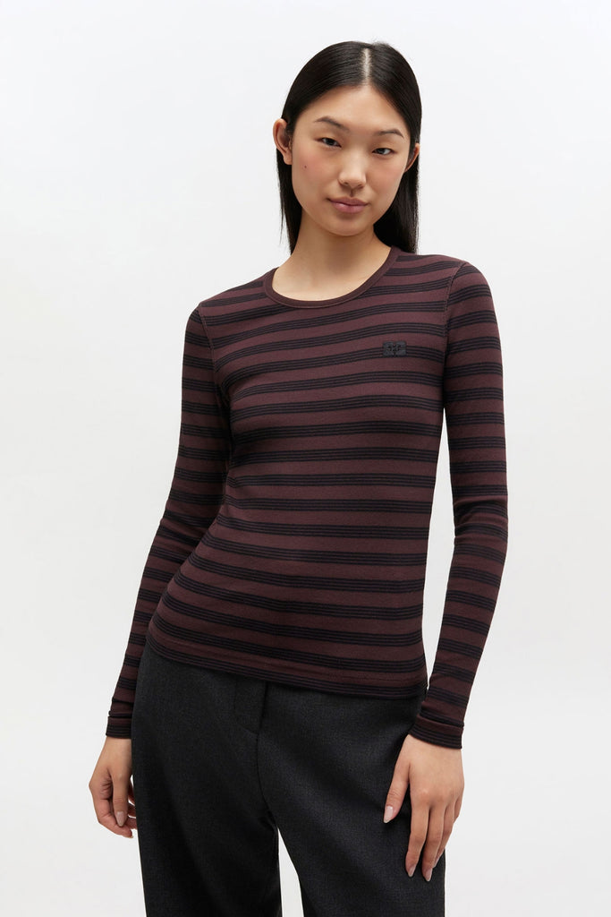 Soft Cotton Stripe Rib Longsleeve A1050066 - Chocolate Plum - GANNI