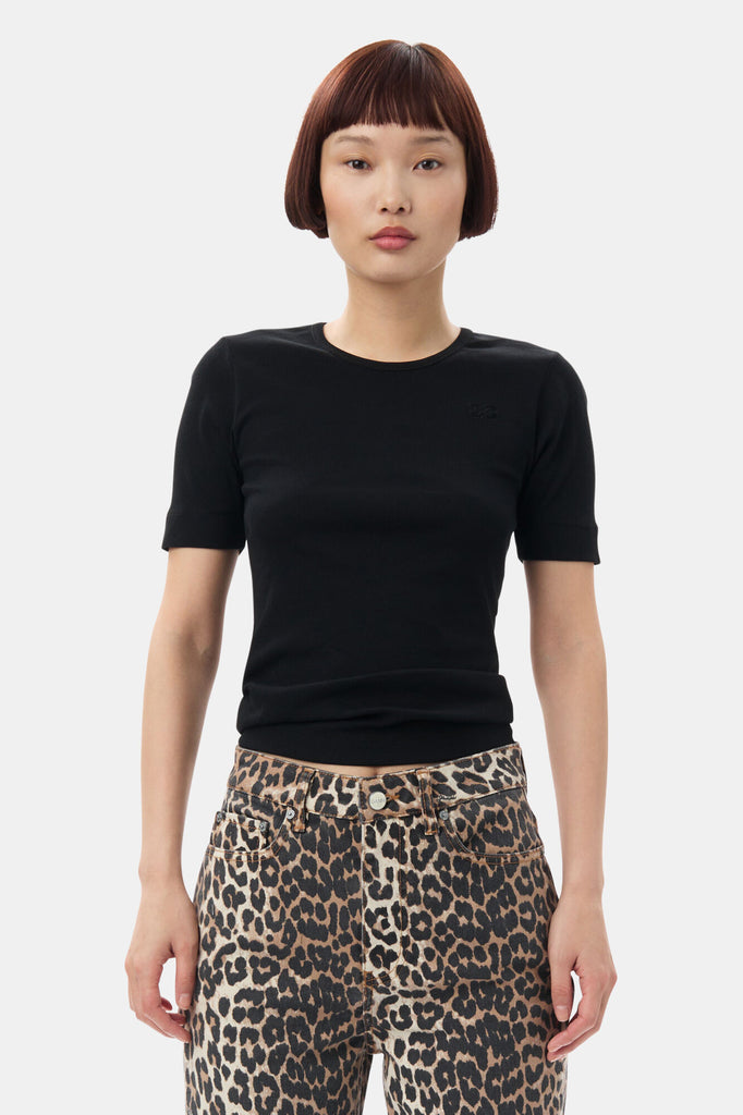 Soft Cotton Rib Short Sleeve T-Shirt T4012 - Black - GANNI