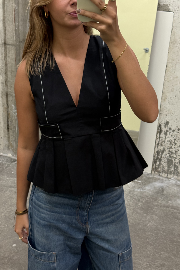 Stretch Cotton V-neck Pocket Blouse A1040124 - Black - GANNI