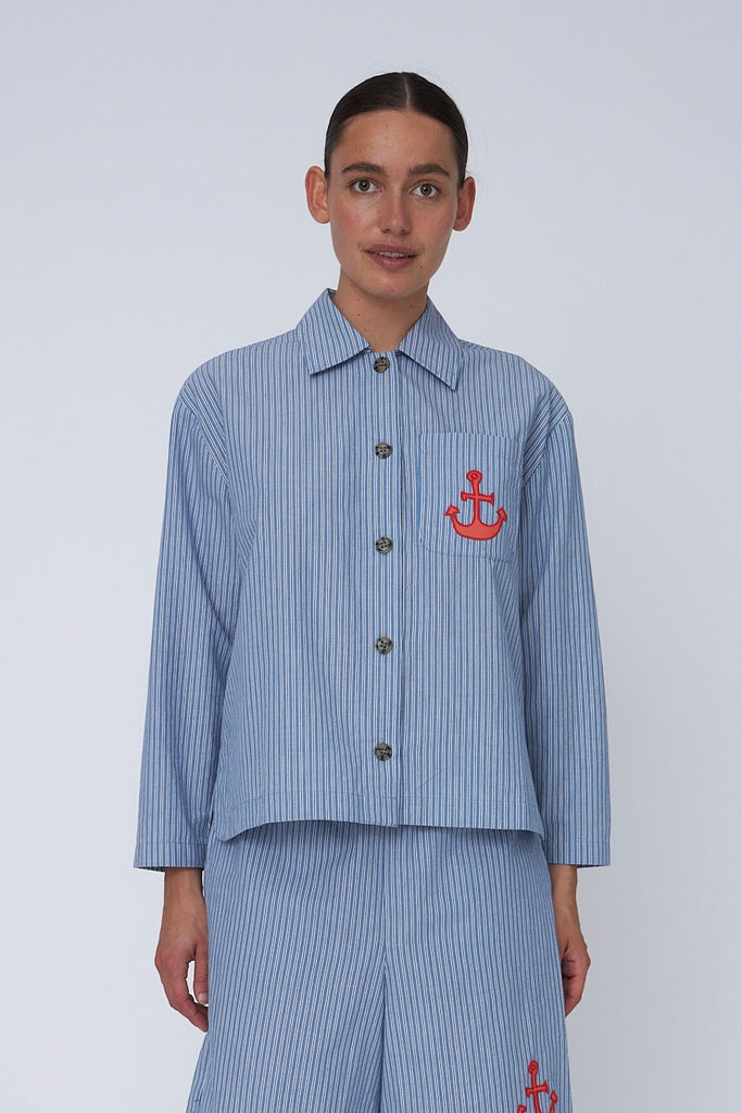 Striped Anchor Embroidered Shirt - Blue Stripes - Stella Nova
