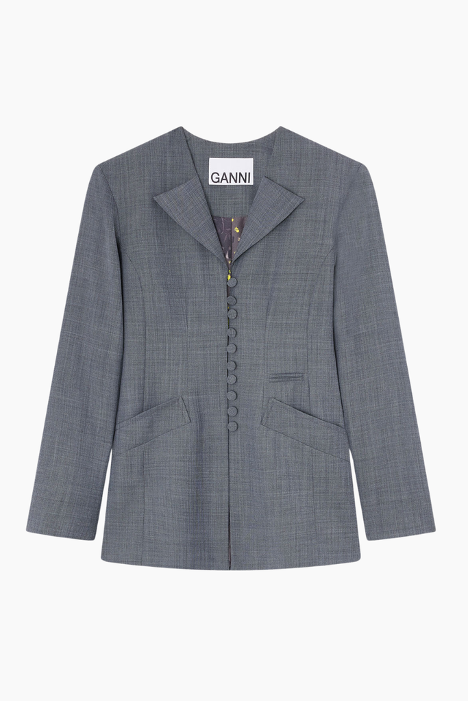 Wool Melange Suiting Long Button Blazer A1020052 - Phantom - GANNI