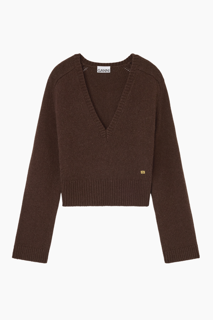 Wool Yak Mix Deep V-neck K2614 - Shaved Chocolate - GANNI