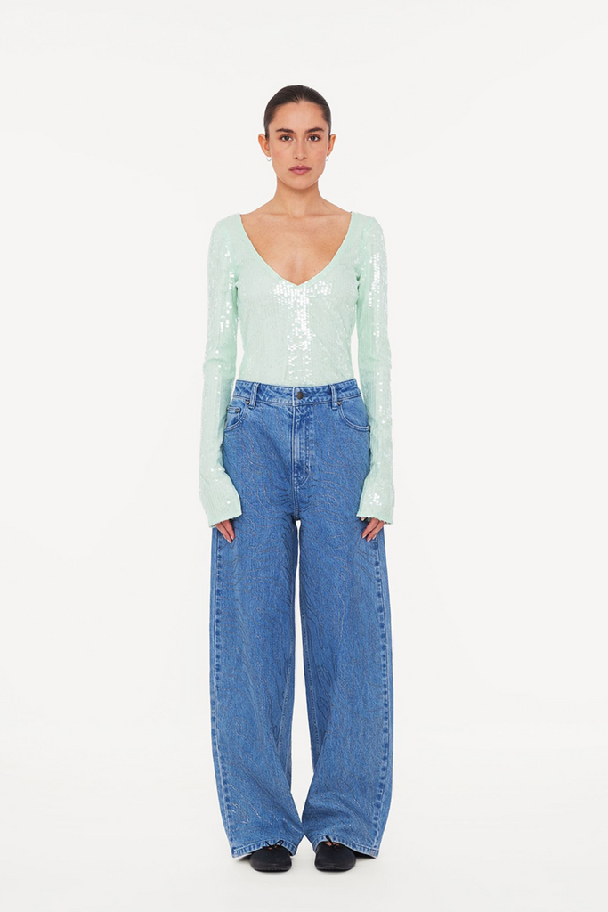 Rhinestone Wide Leg Jeans - Light Blue Denim - ROTATE