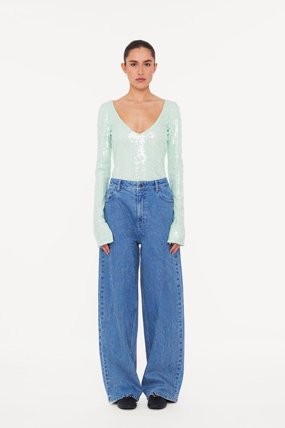 Rhinestone Wide Leg Jeans - Light Blue Denim - ROTATE