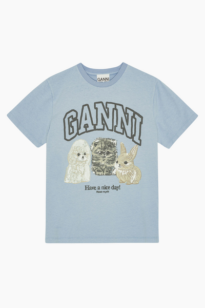 Basic Cotton Jersey Animals Relaxed T-Shirt T4278 - Chambray Blue - GANNI