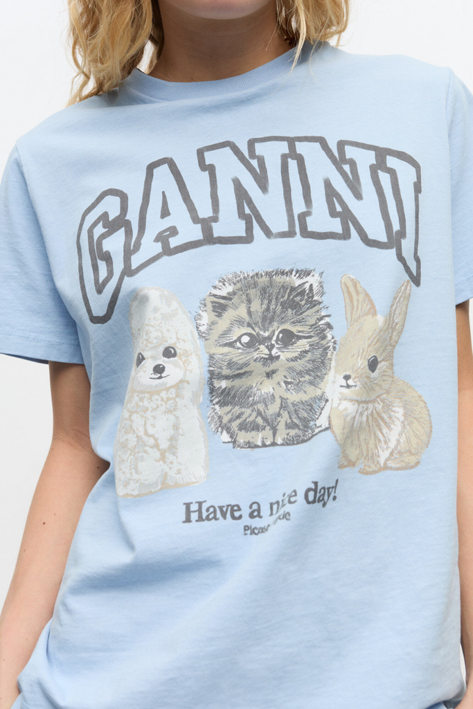 Basic Cotton Jersey Animals Relaxed T-Shirt T4278 - Chambray Blue - GANNI