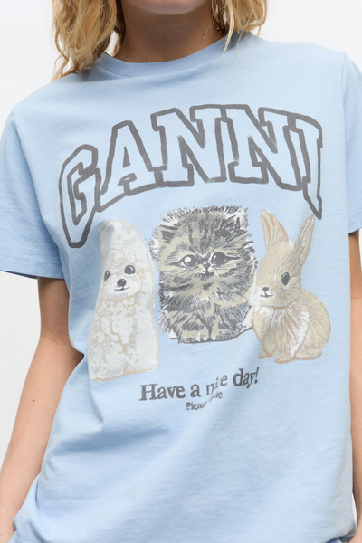 Basic Cotton Jersey Animals Relaxed T-Shirt T4278 - Chambray Blue - GANNI