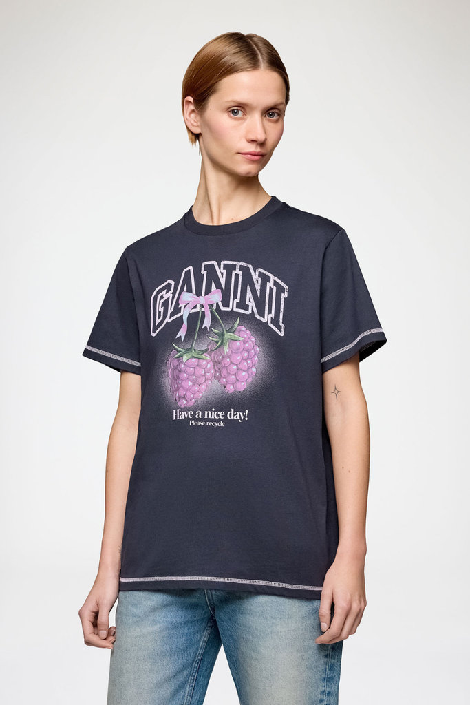 Basic Cotton Jersey Rasperry Print A1050219 - Phantom - GANNI