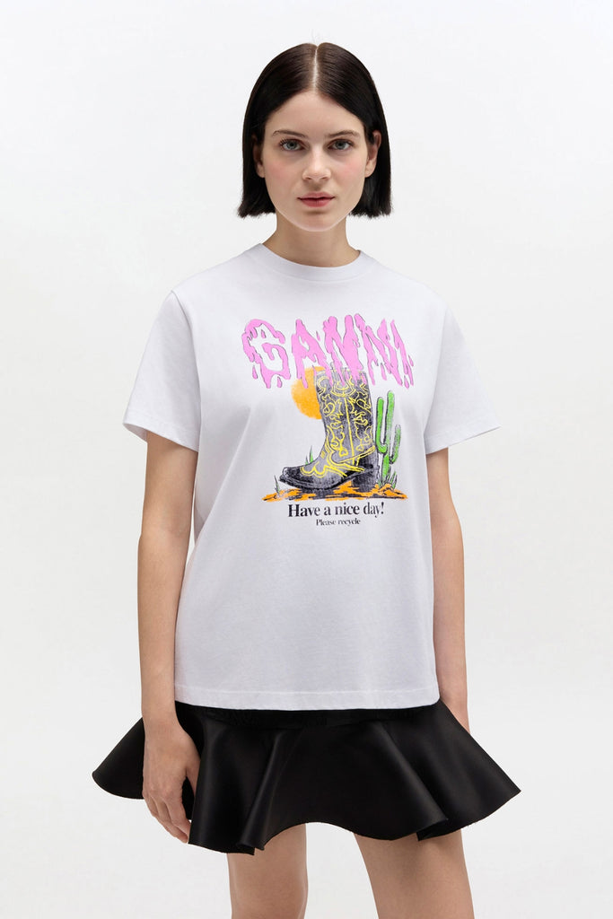 Basic Cotton Jersey T-shirt Boots Print A1050075 - Bright White - GANNI