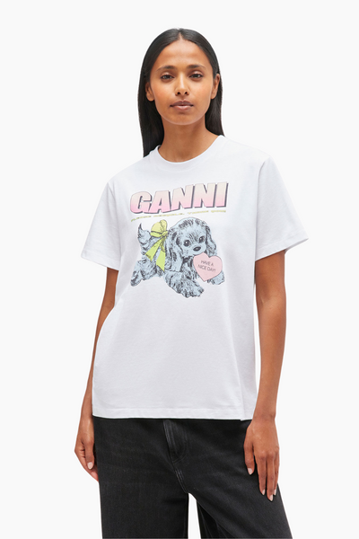 Basic Cotton Jersey Neon Puppy Relaxed T-Shirt T4334 - Bright White - GANNI-1