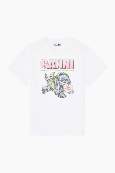 Basic Cotton Jersey Neon Puppy Relaxed T-Shirt T4334 - Bright White - GANNI