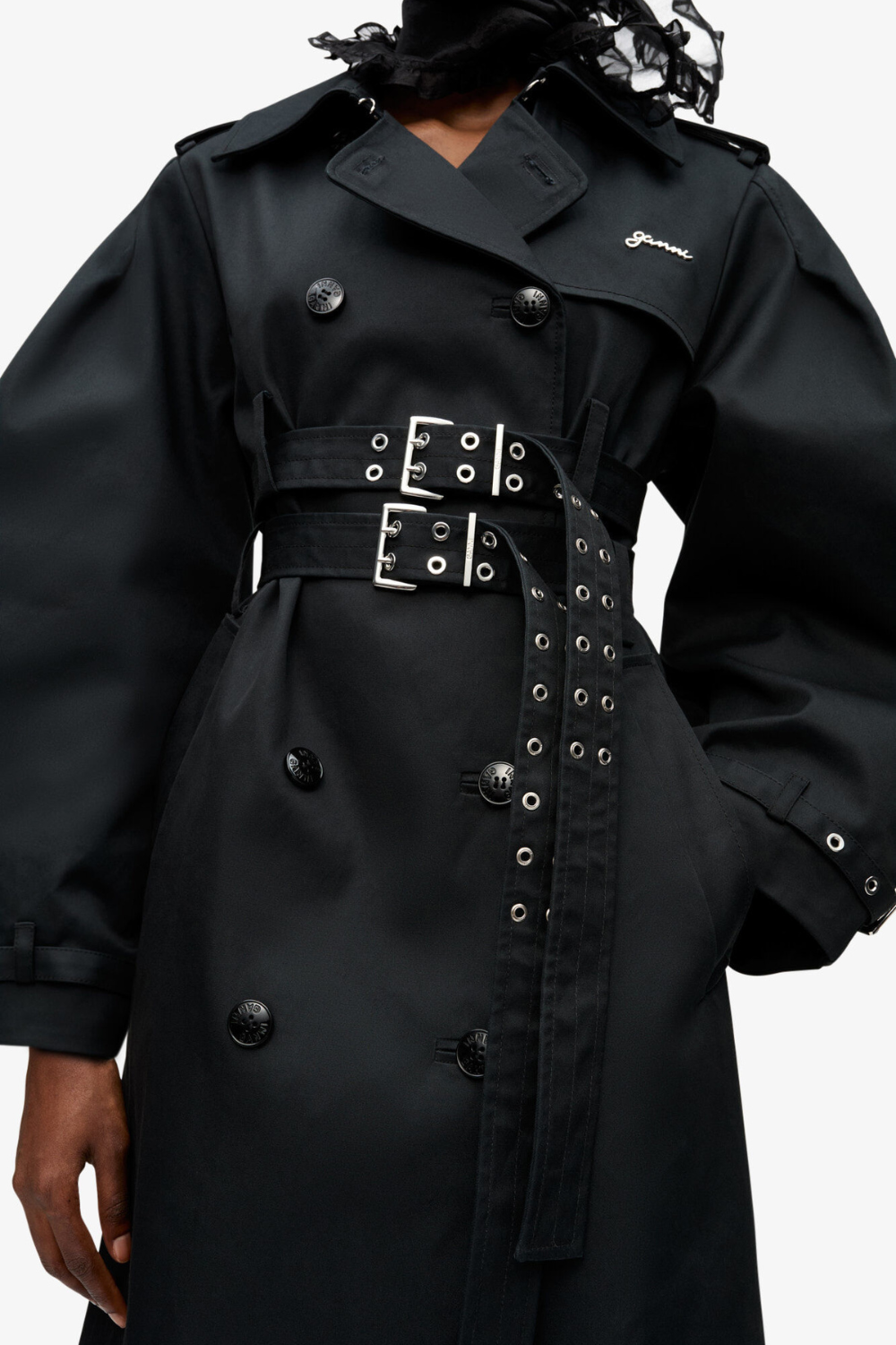 Bonded Cotton Trench Coat W0395 - Black - GANNI