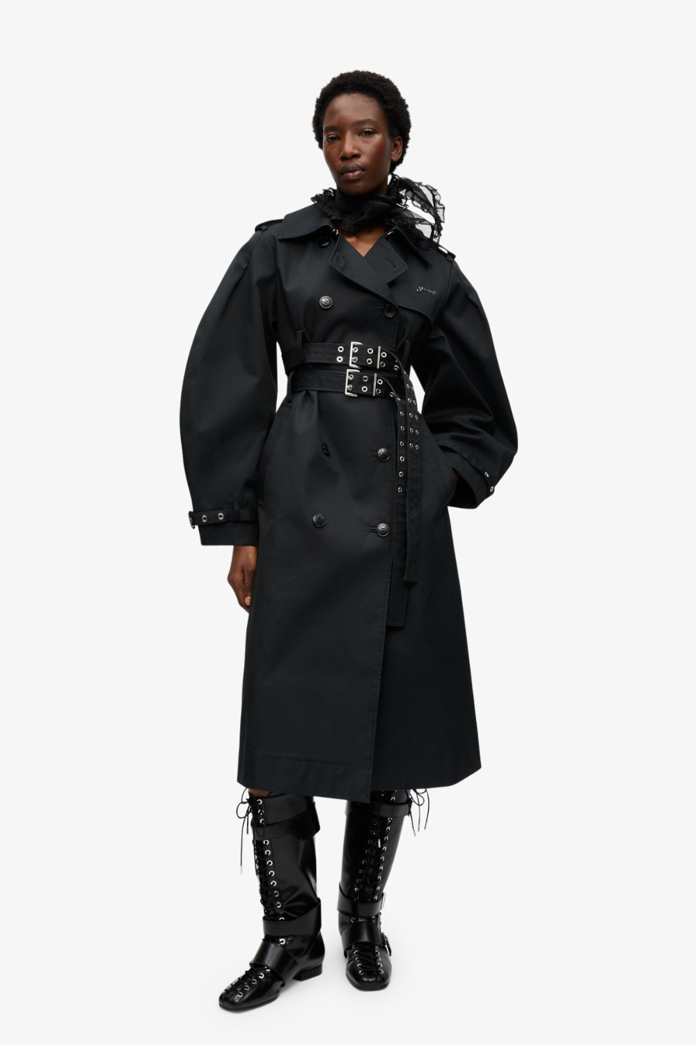 Bonded Cotton Trench Coat W0395 - Black - GANNI