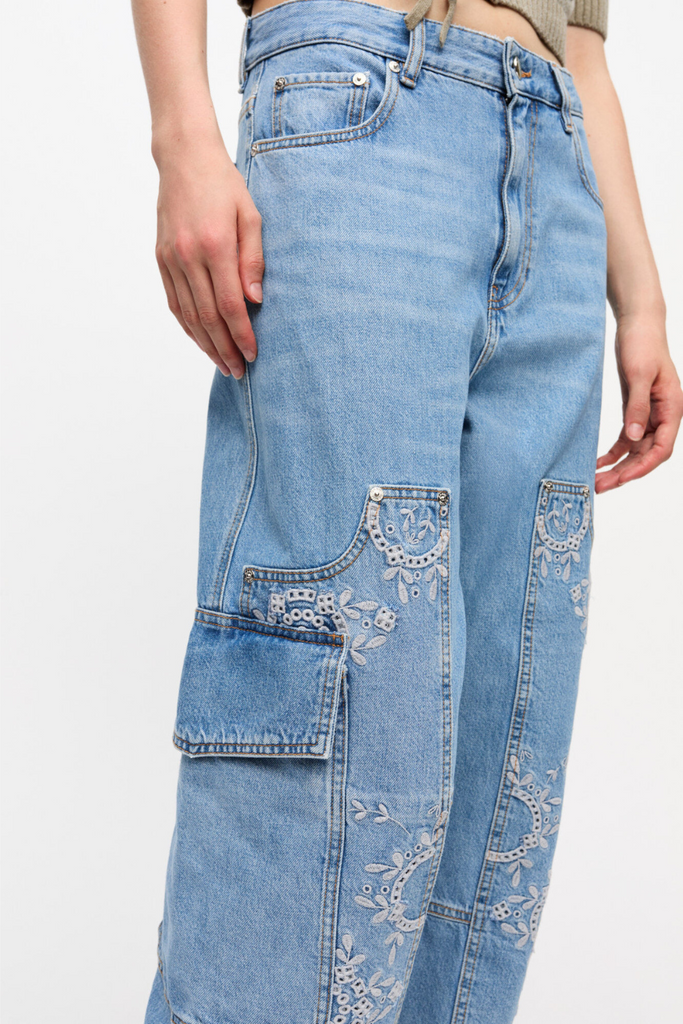Broderie Anglaise Denim Carpenter Jeans J1695 - Light Blue Stone - GANNI