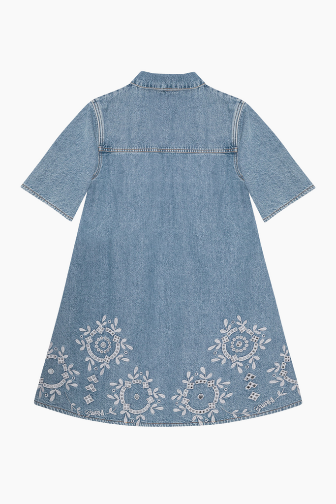 Broderie Anglaise Denim Mini Dress J1694 - Light Blue Stone - GANNI
