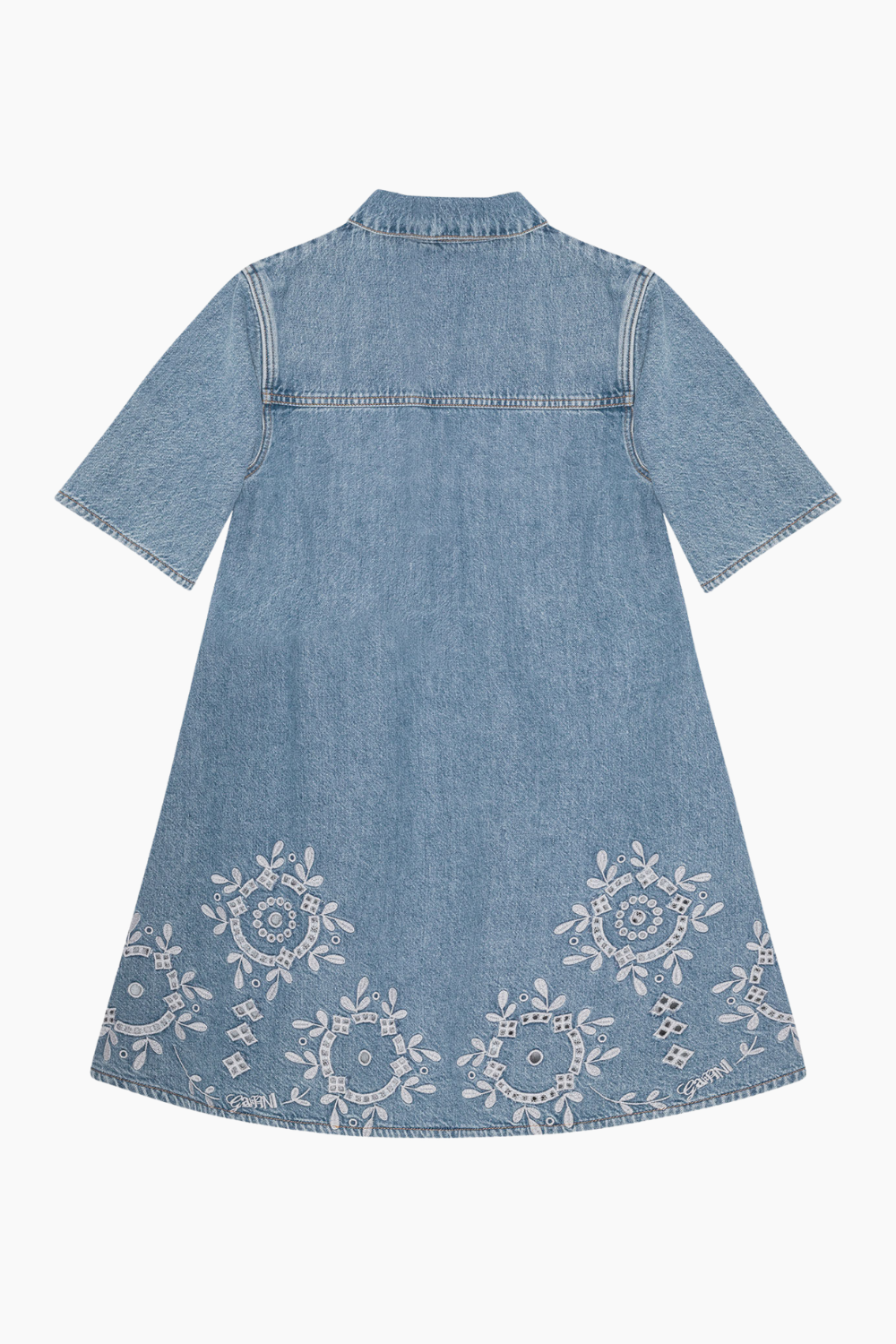 Broderie Anglaise Denim Mini Dress J1694 - Light Blue Stone - GANNI-1