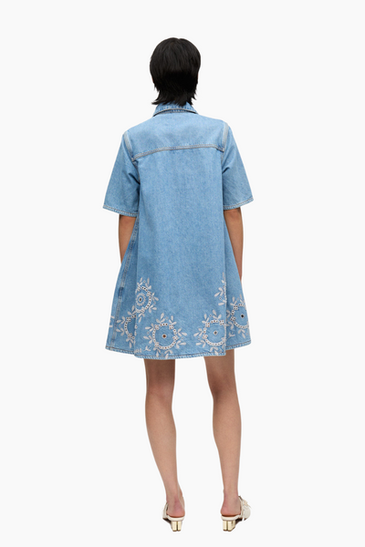 Broderie Anglaise Denim Mini Dress J1694 - Light Blue Stone - GANNI-2