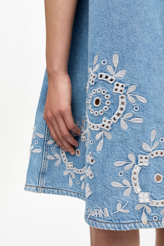 Broderie Anglaise Denim Mini Dress J1694 - Light Blue Stone - GANNI