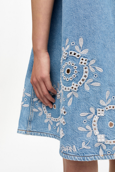 Broderie Anglaise Denim Mini Dress J1694 - Light Blue Stone - GANNI-3