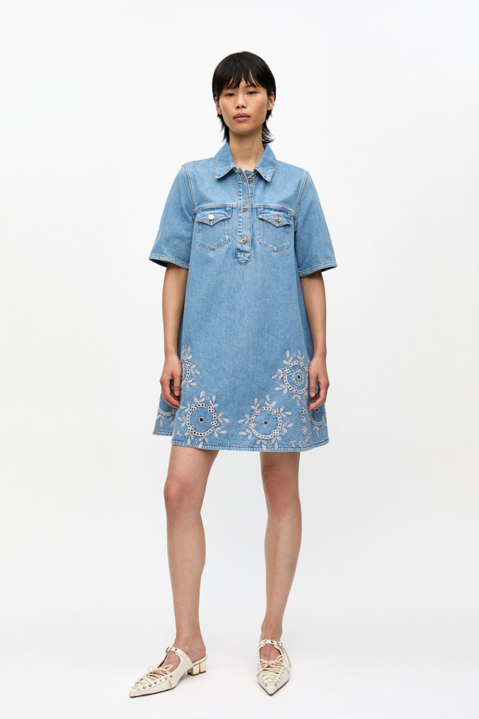 Broderie Anglaise Denim Mini Dress J1694 - Light Blue Stone - GANNI