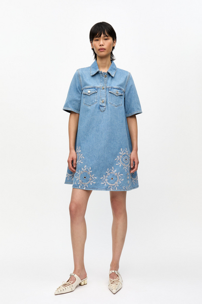 Broderie Anglaise Denim Mini Dress J1694 - Light Blue Stone - GANNI-4