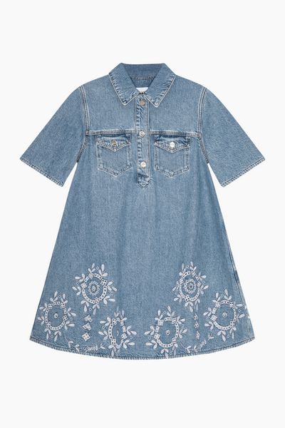Broderie Anglaise Denim Mini Dress J1694 - Light Blue Stone - GANNI