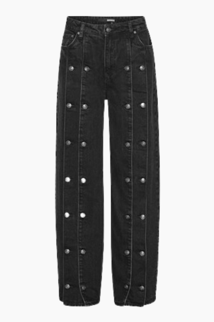 Button Detail Wide Jeans - Black Denim - Rotate