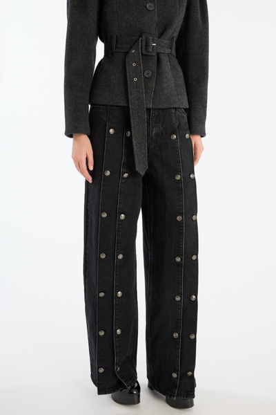 Button Detail Wide Jeans - Black Denim - Rotate