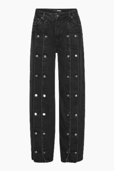 Button Detail Wide Jeans - Black Denim - Rotate