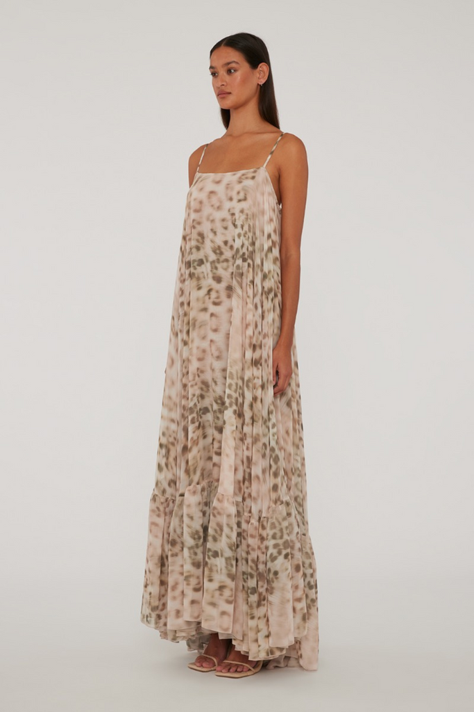 Chiffon Maxi Wide Dress - Blurry Snow Leopard + Tarmac Comb. - ROTATE