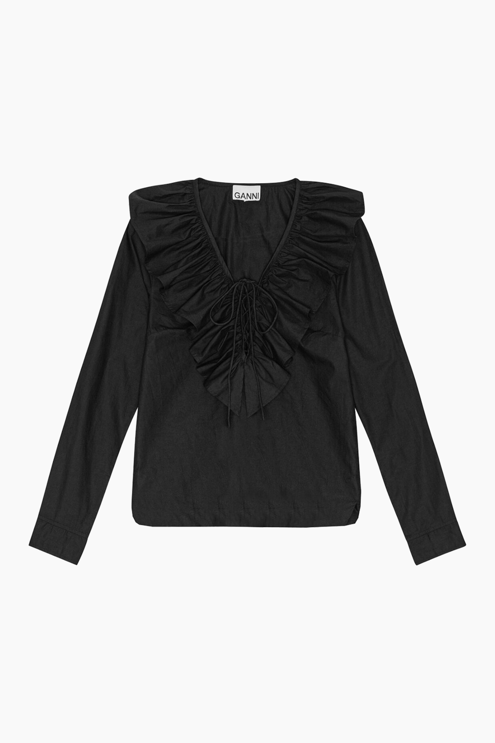 Cotton Poplin Ruffle V-neck Blouse F9059 - Black - GANNI