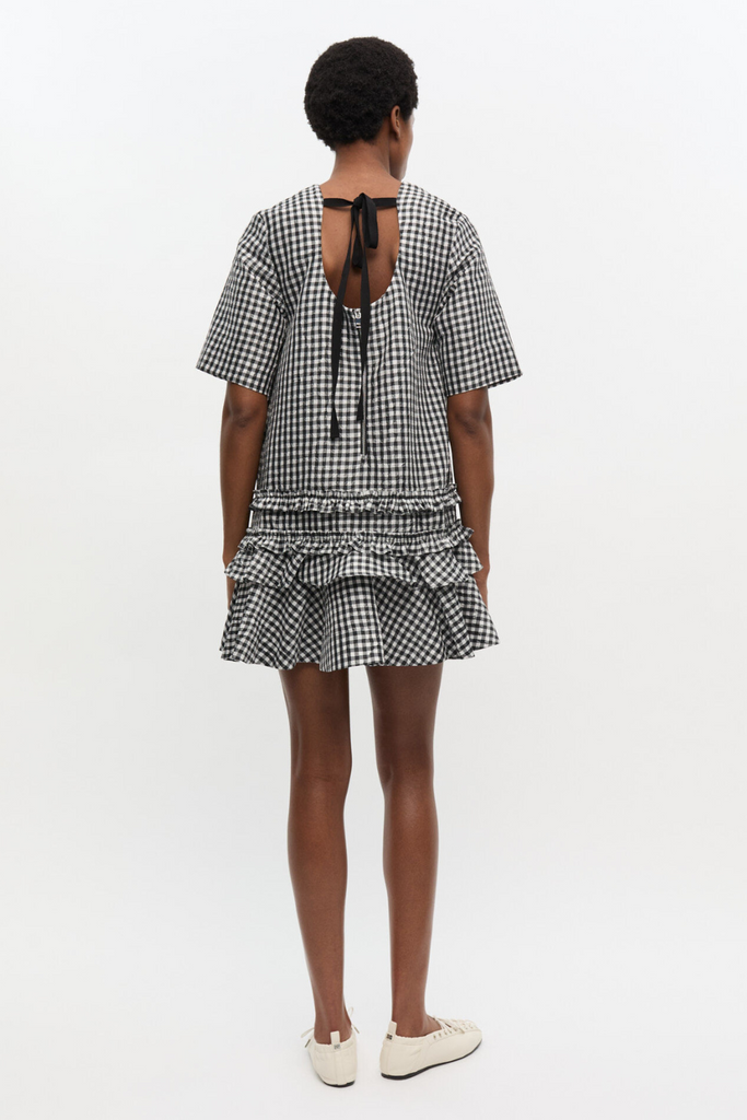 Crinkled Taffeta Check Open Back Mini Dress W0464 - Black - GANNI