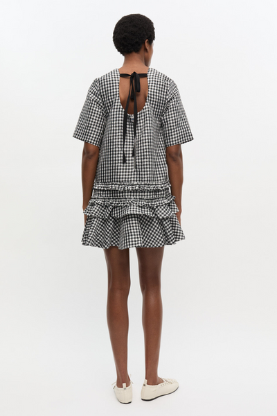 Crinkled Taffeta Check Open Back Mini Dress W0464 - Black - GANNI