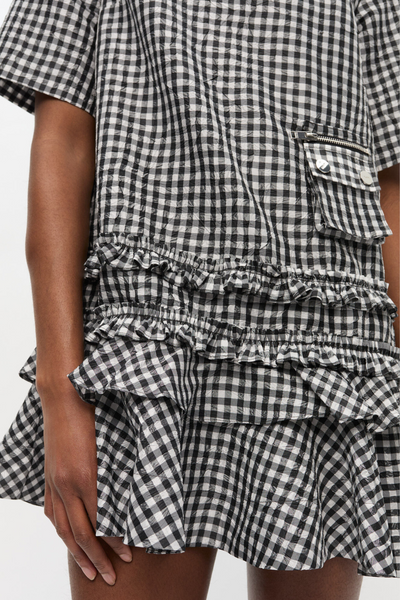 Crinkled Taffeta Check Open Back Mini Dress W0464 - Black - GANNI