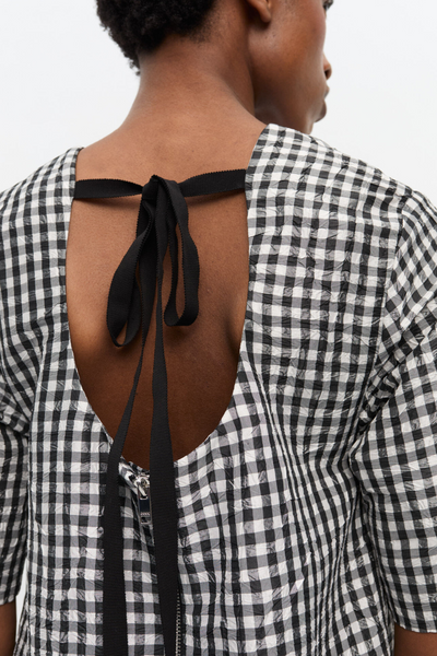 Crinkled Taffeta Check Open Back Mini Dress W0464 - Black - GANNI