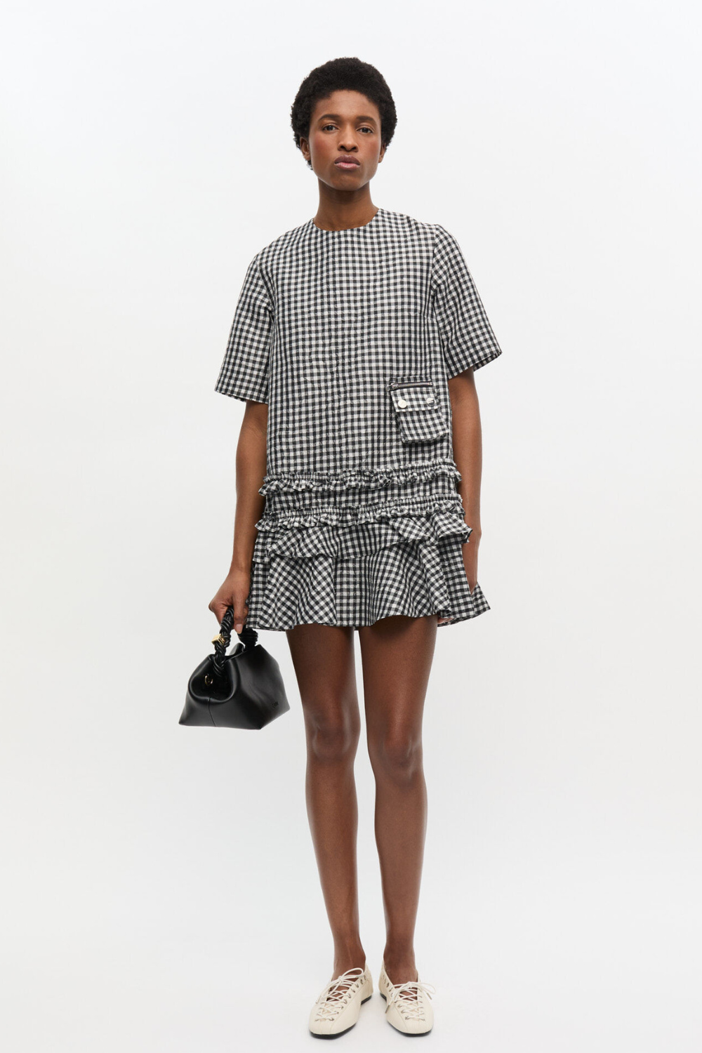 Crinkled Taffeta Check Open Back Mini Dress W0464 - Black - GANNI