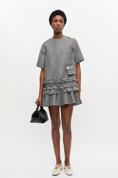Crinkled Taffeta Check Open Back Mini Dress W0464 - Black - GANNI