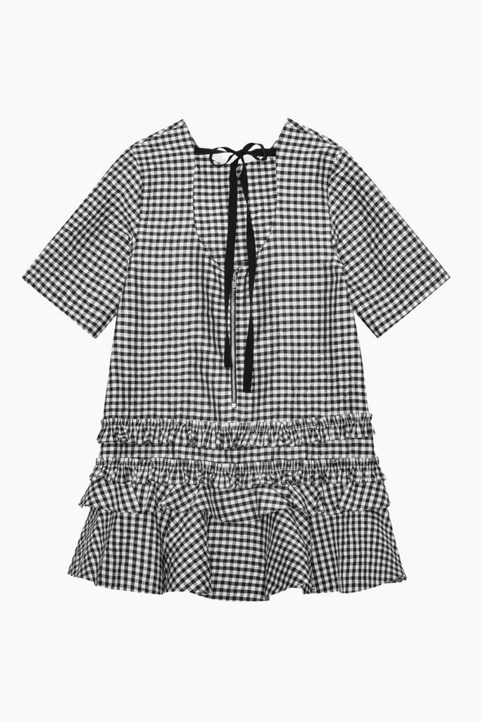 Crinkled Taffeta Check Open Back Mini Dress W0464 - Black - GANNI