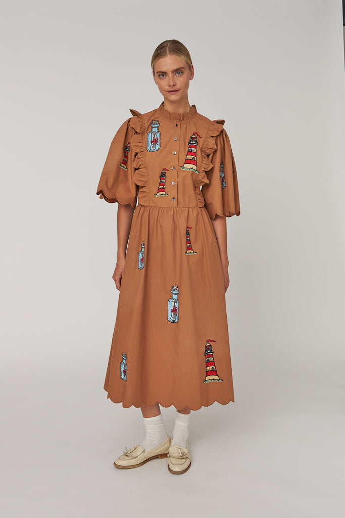 Embroidered Midi Dress With Scallops - Brown - Stella Nova