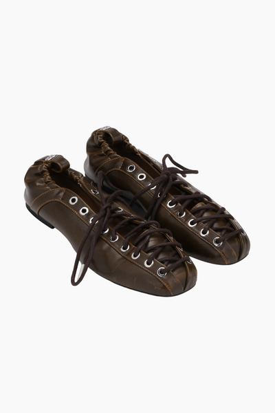Eyelets Lace Up Ballerina Crinkle Oleatex S3093 - Dark Olive - Ganni-1