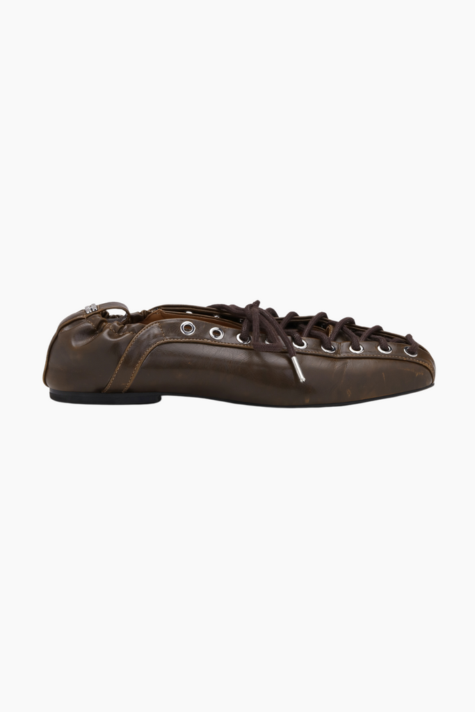 Eyelets Lace Up Ballerina Crinkle Oleatex S3093 - Dark Olive - Ganni