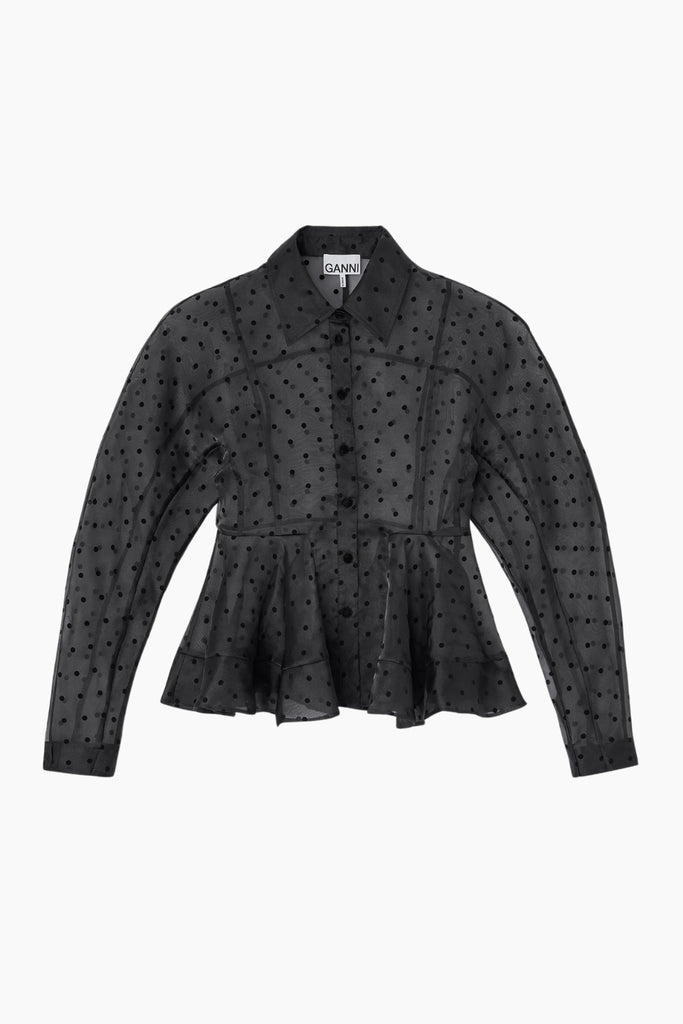Flocked Organza Peplum Shirt - Black - GANNI