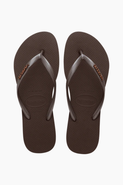 Havaianas Slim Logo Metallic Flip Flops - Dark Brown - Havaianas