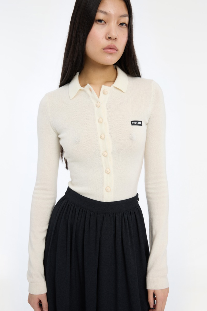 Knitted Polo Top - Egret - ROTATE