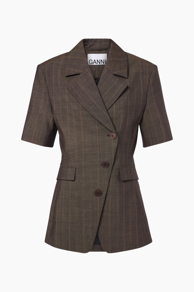 Light Wool Melange Stripe Short Sleeve Blazer A1020099 - 296 Rain Drum - GANNI