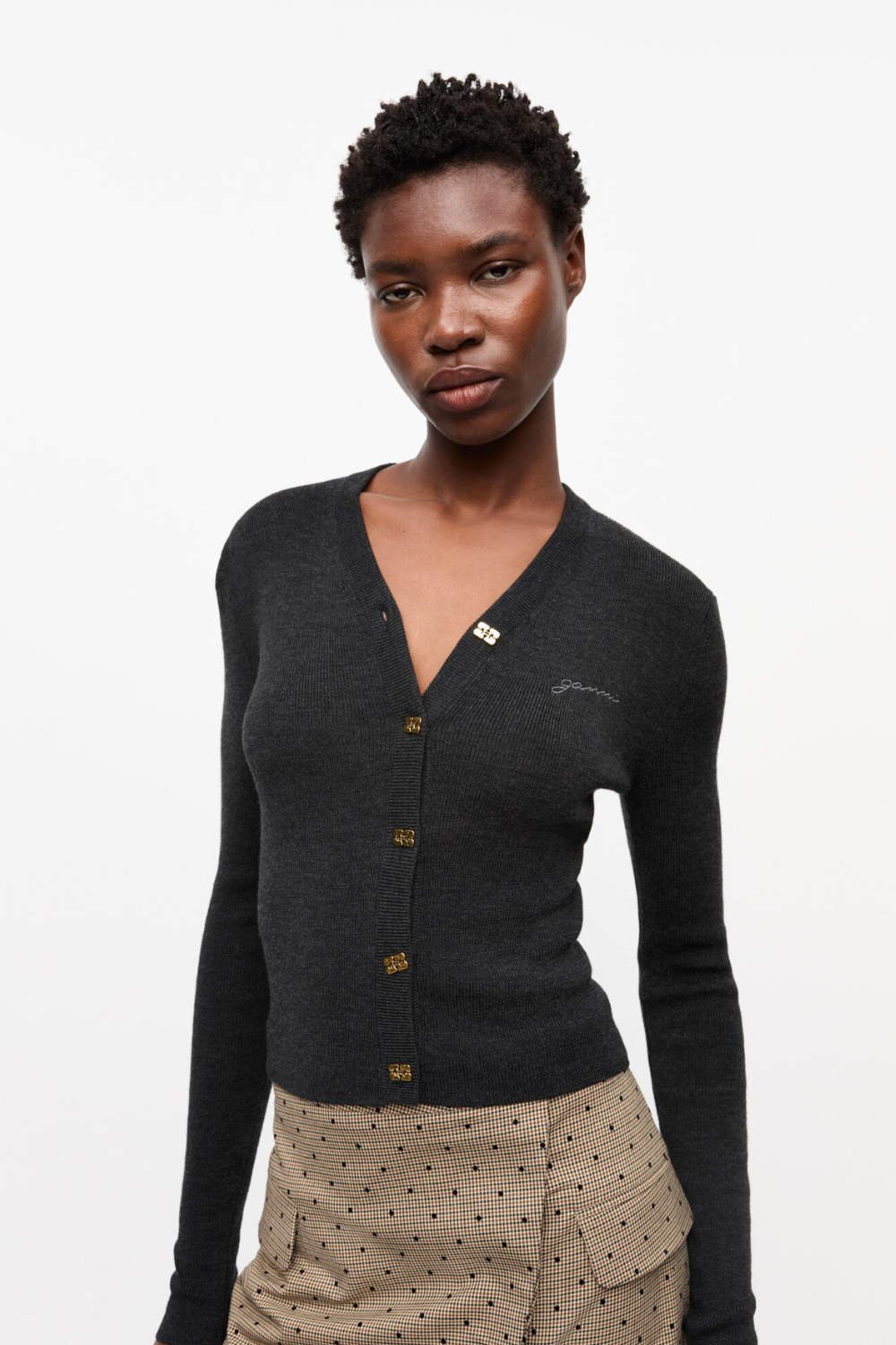 Mini Ribbed Merino Cardigan K2474 - Phantom - Ganni