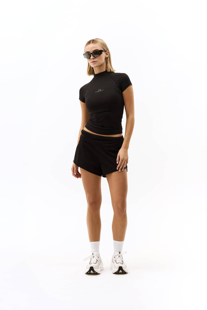 Mock Neck Stretch T-Shirt - Black - bareen